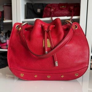 MCM Red Leather Drawstring Shoulder Bag